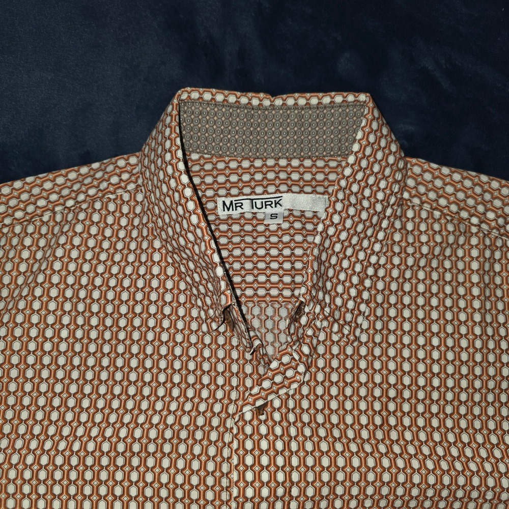 Mr Turk Mens Geometric Honeycomb Short Sleeve Button Down Shirt Orange Small